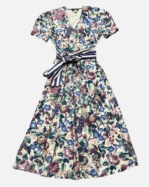 CULLINANE Rare Vintage 80s Heavy Cotton Flax Floral Wide Leg Palazzo Jumpsuit 12